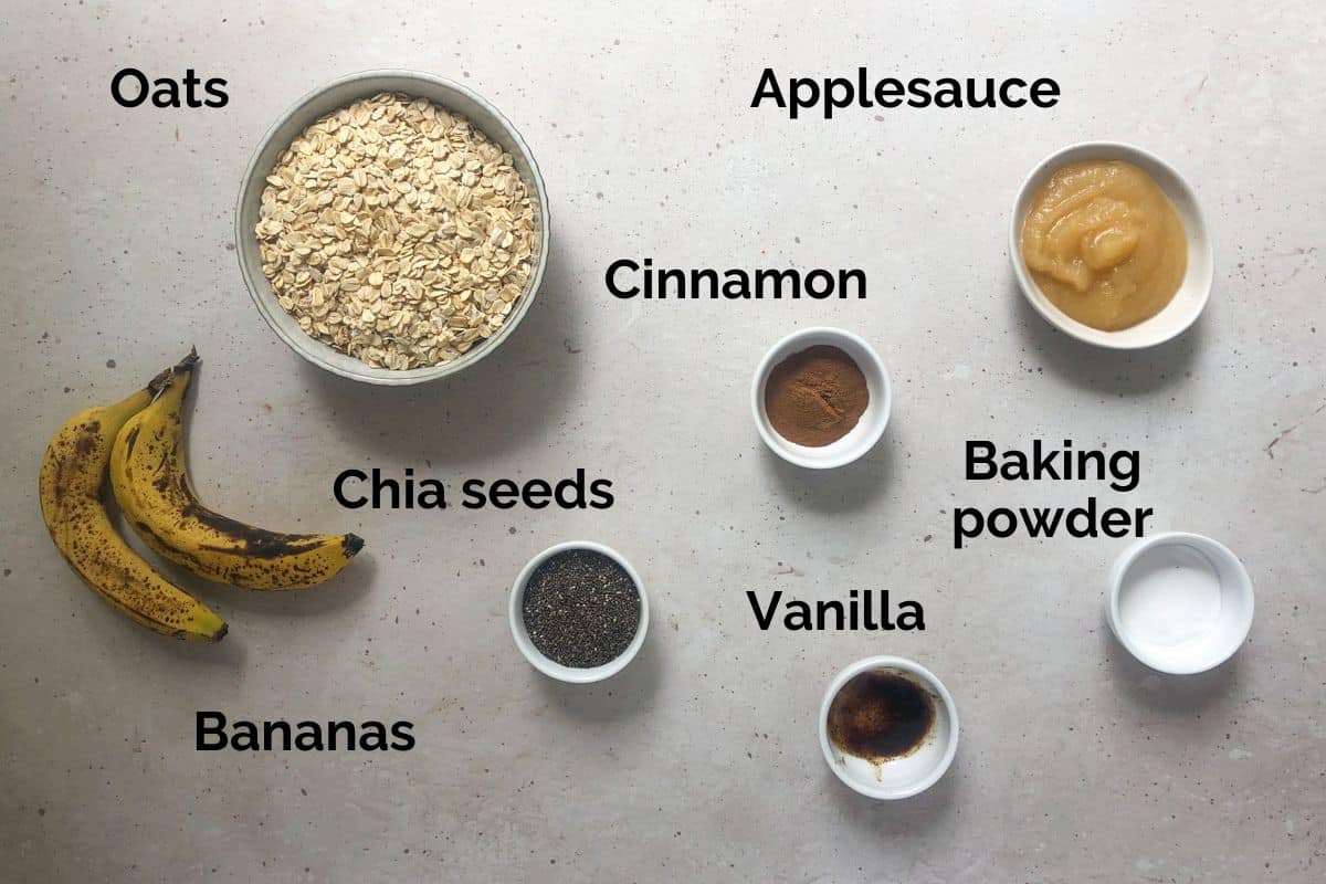 all ingredients for banana oat cookies laid out on a table.