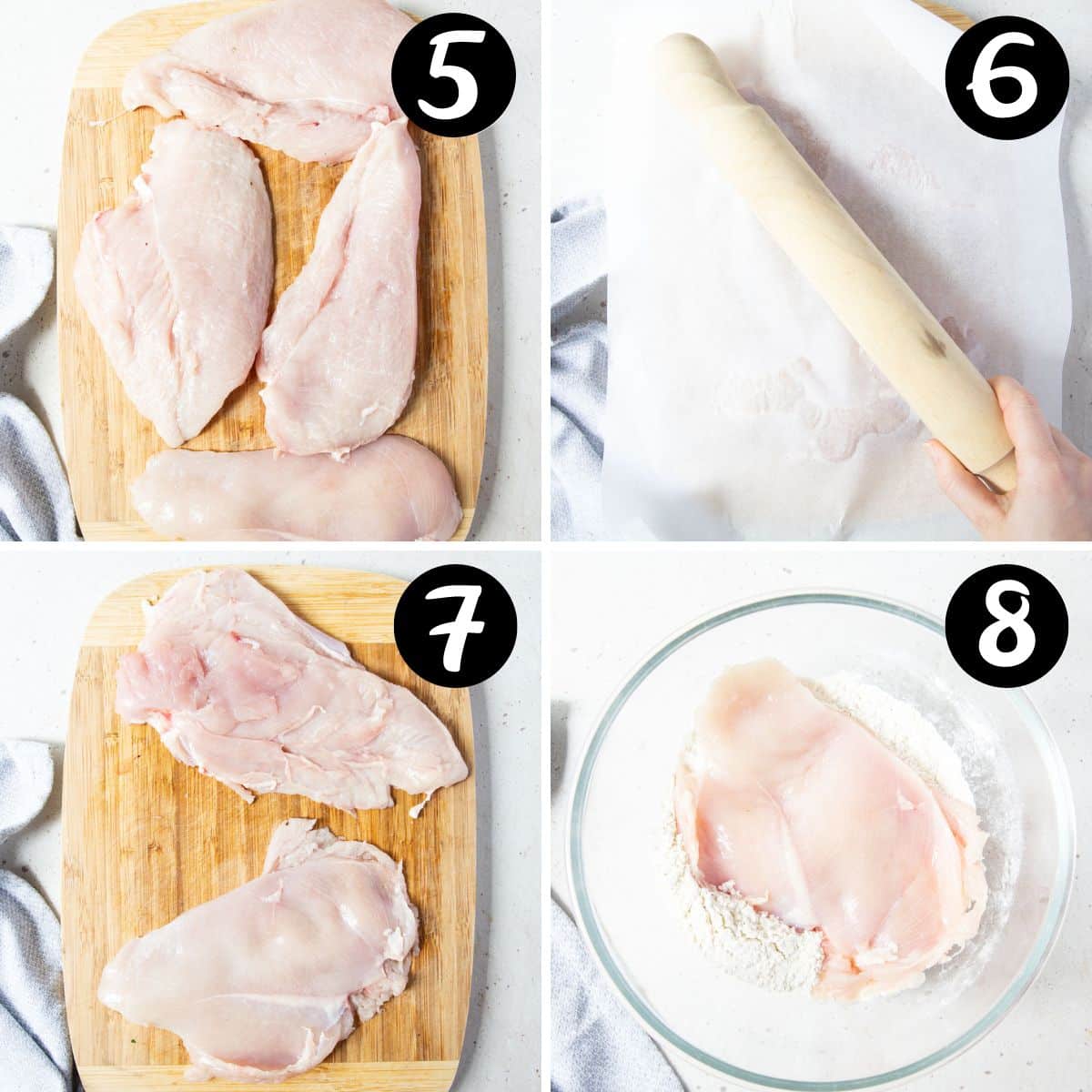steps showing chicken breasts on a wooden board being flattened with a rolling pin.