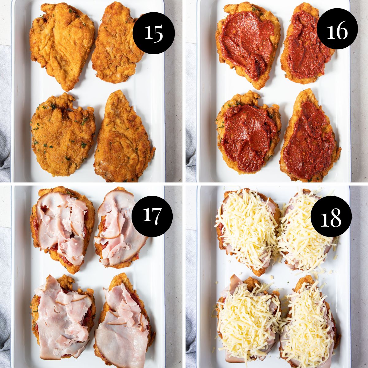 images showing chicken parmigiana layers being assembled. Sauce, ham and then cheese.