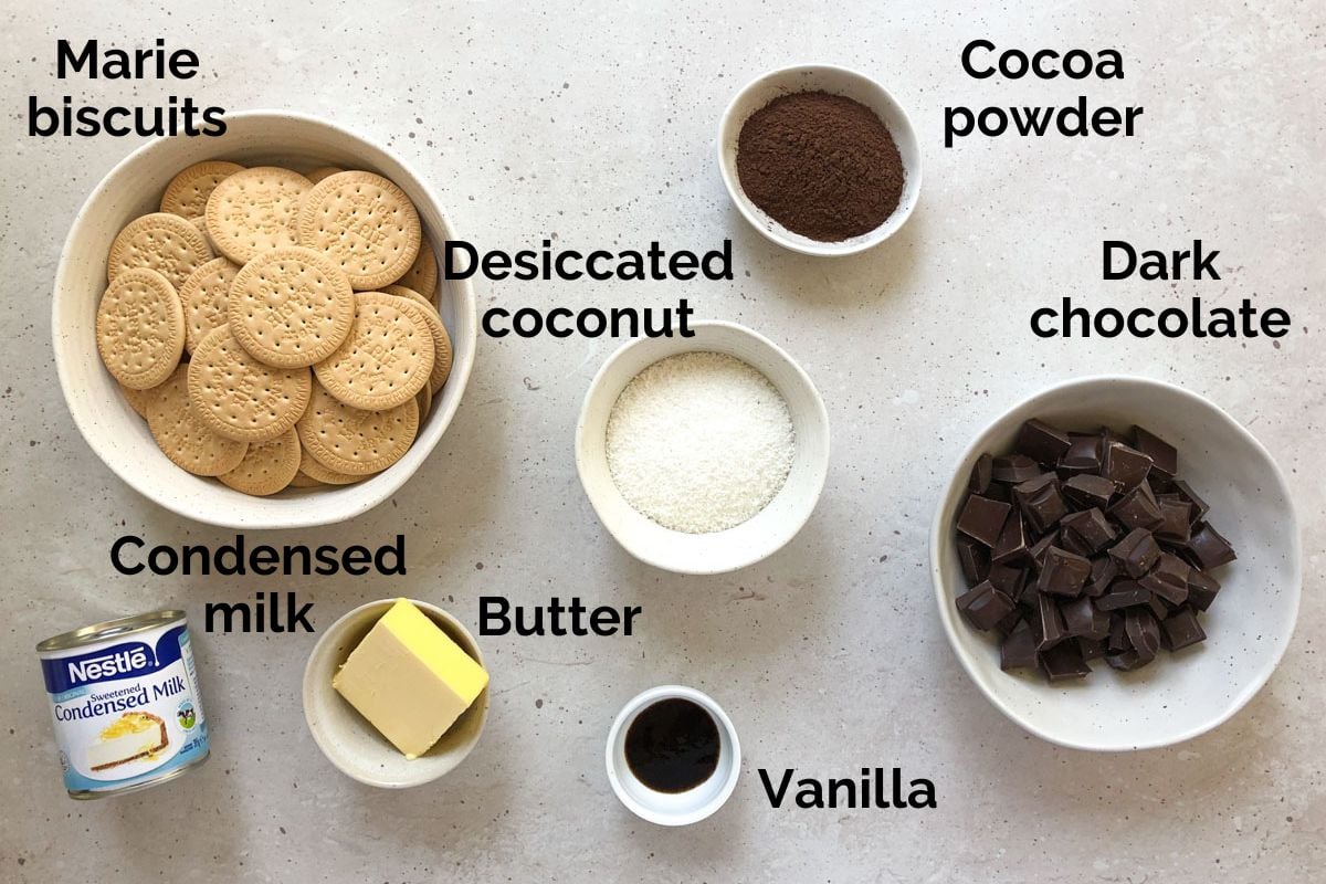 all ingredients for hedgehog slice, laid out on a table.