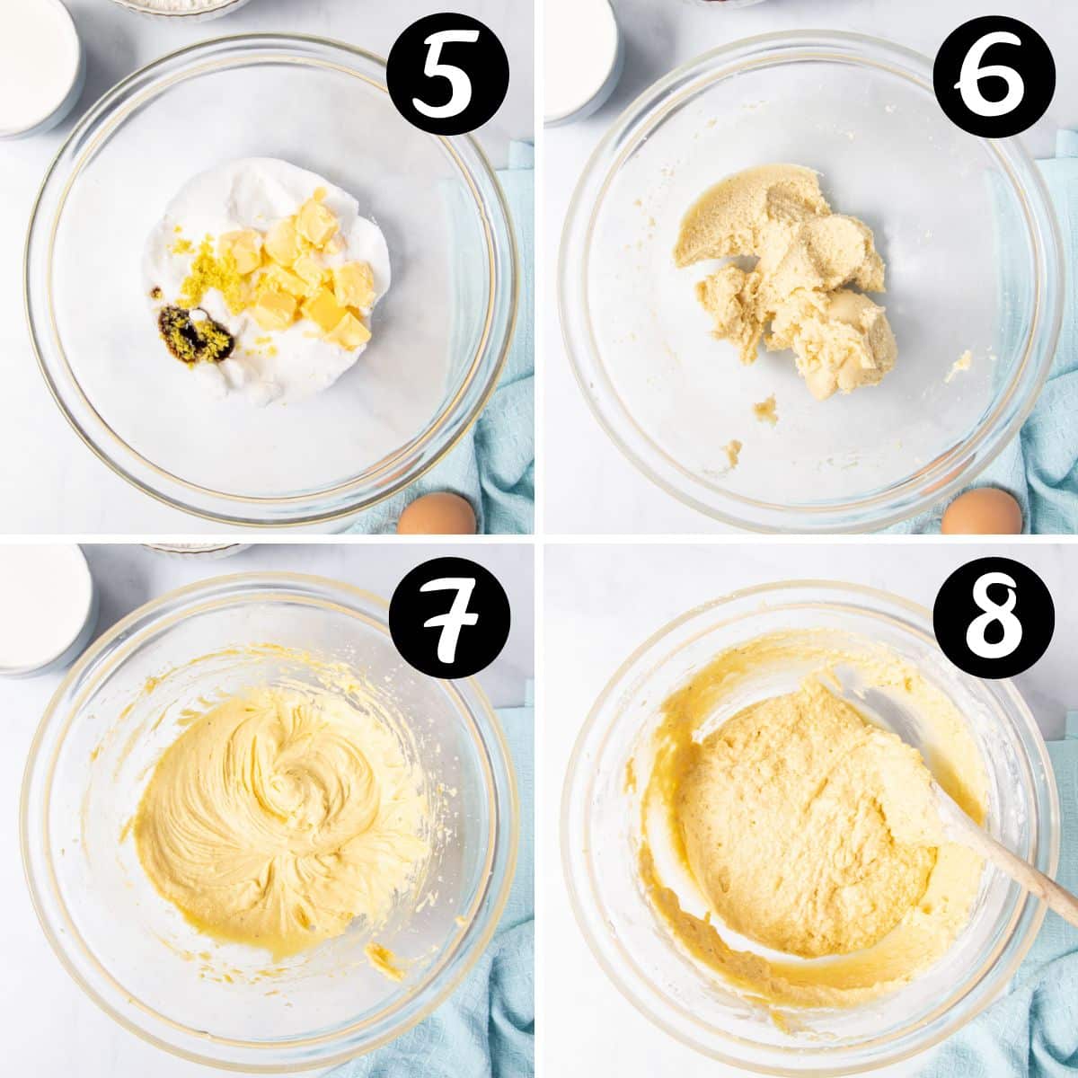 steps showing lemon cupcake batter being made in a glass bowl.