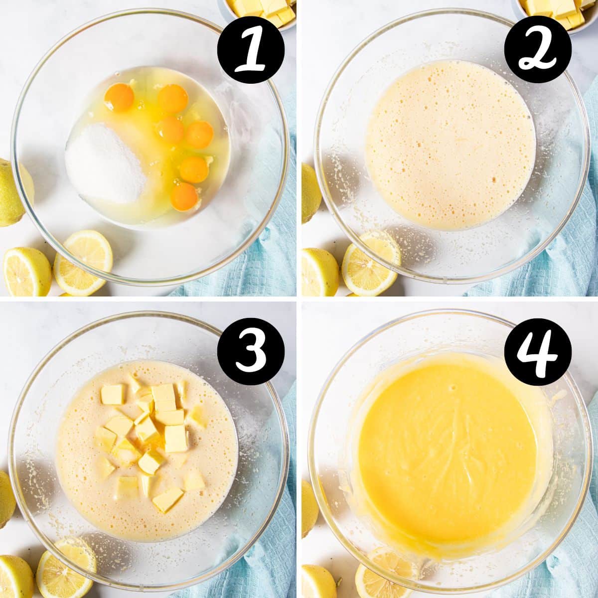 eggs, sugar, butter and lemon juice being combined in a bowl.