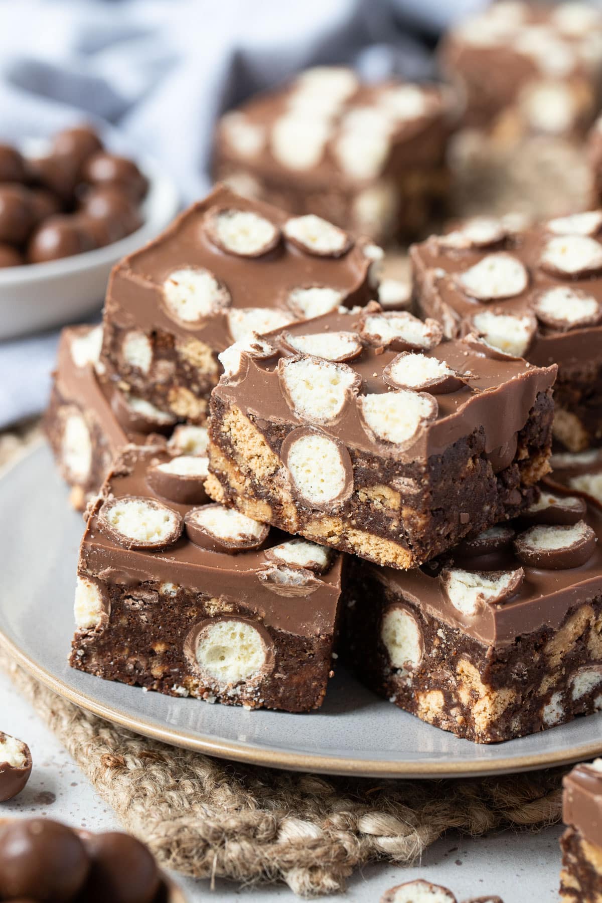 pieces of maltesers slice on a plate.