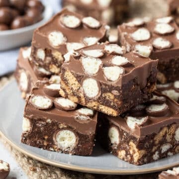 pieces of malteser slice on a plate.
