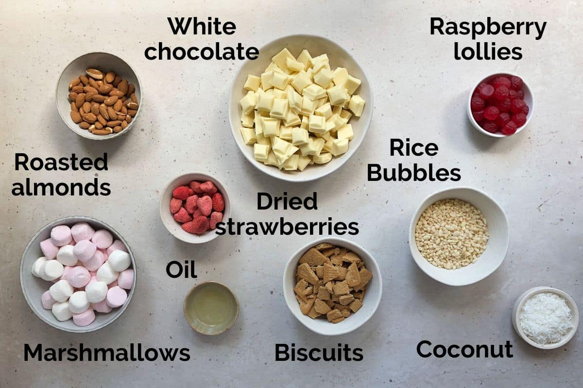 all ingredients for white chocolate rocky road, laid out on a table.