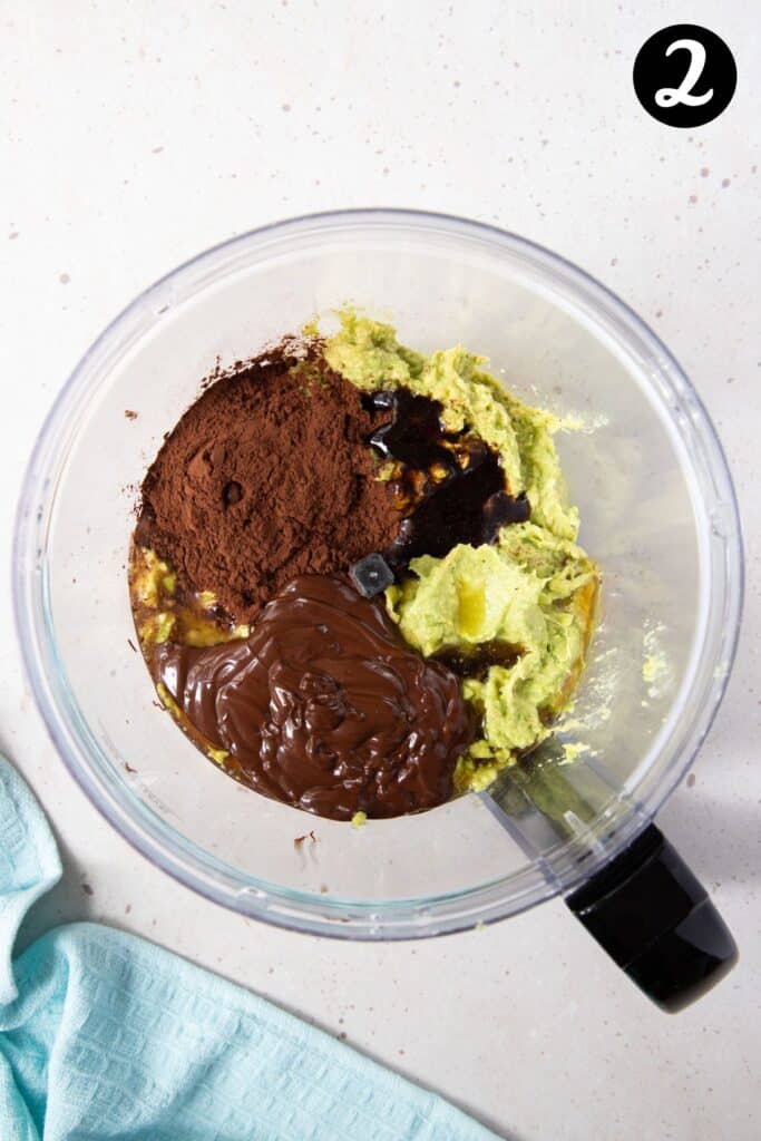all avocado chocolate mousse ingredients in a food processor.