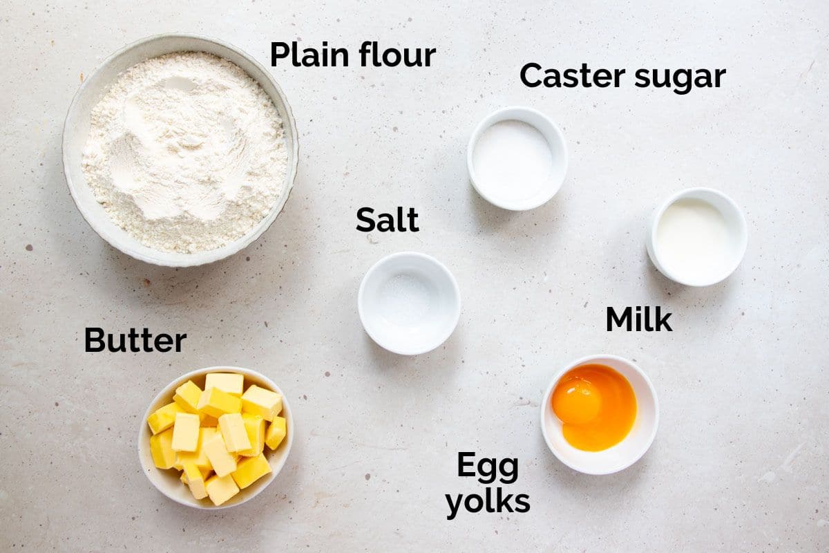 all ingredients for sweet shortcrust pastry, laid out on a table.