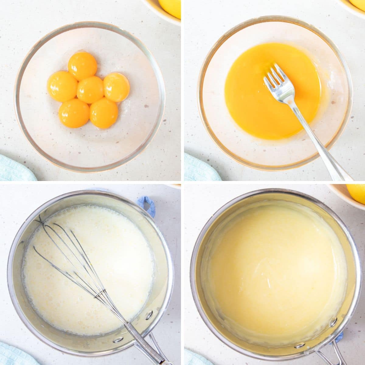 step by step photos of lemon filling being made in a pan.