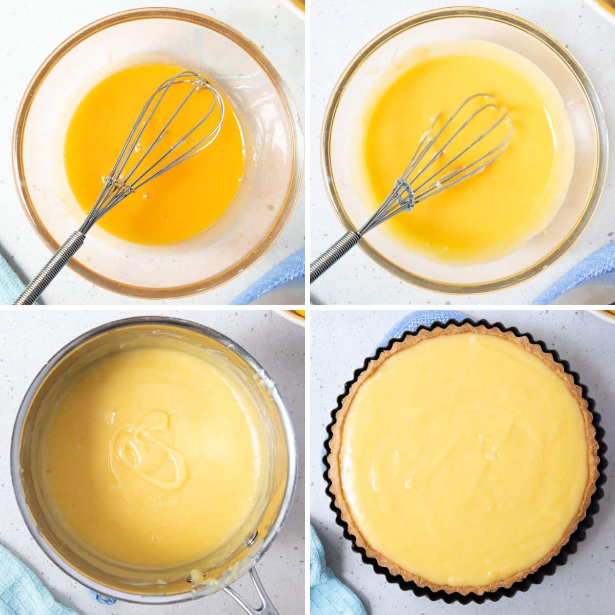 egg yolks in a bowl and finished lemon filling, poured into a pastry case.