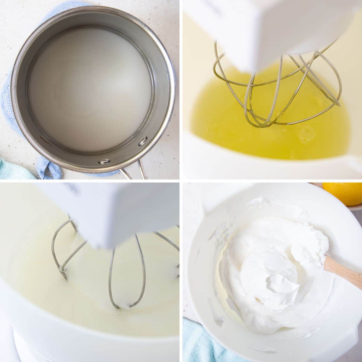 Italian meringue being made in a stand mixer and finished meringue in a bowl.