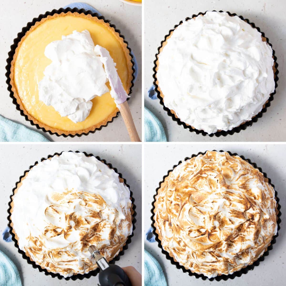 meringue being added to the top of a lemon pie and being toasted with a blowtorch.