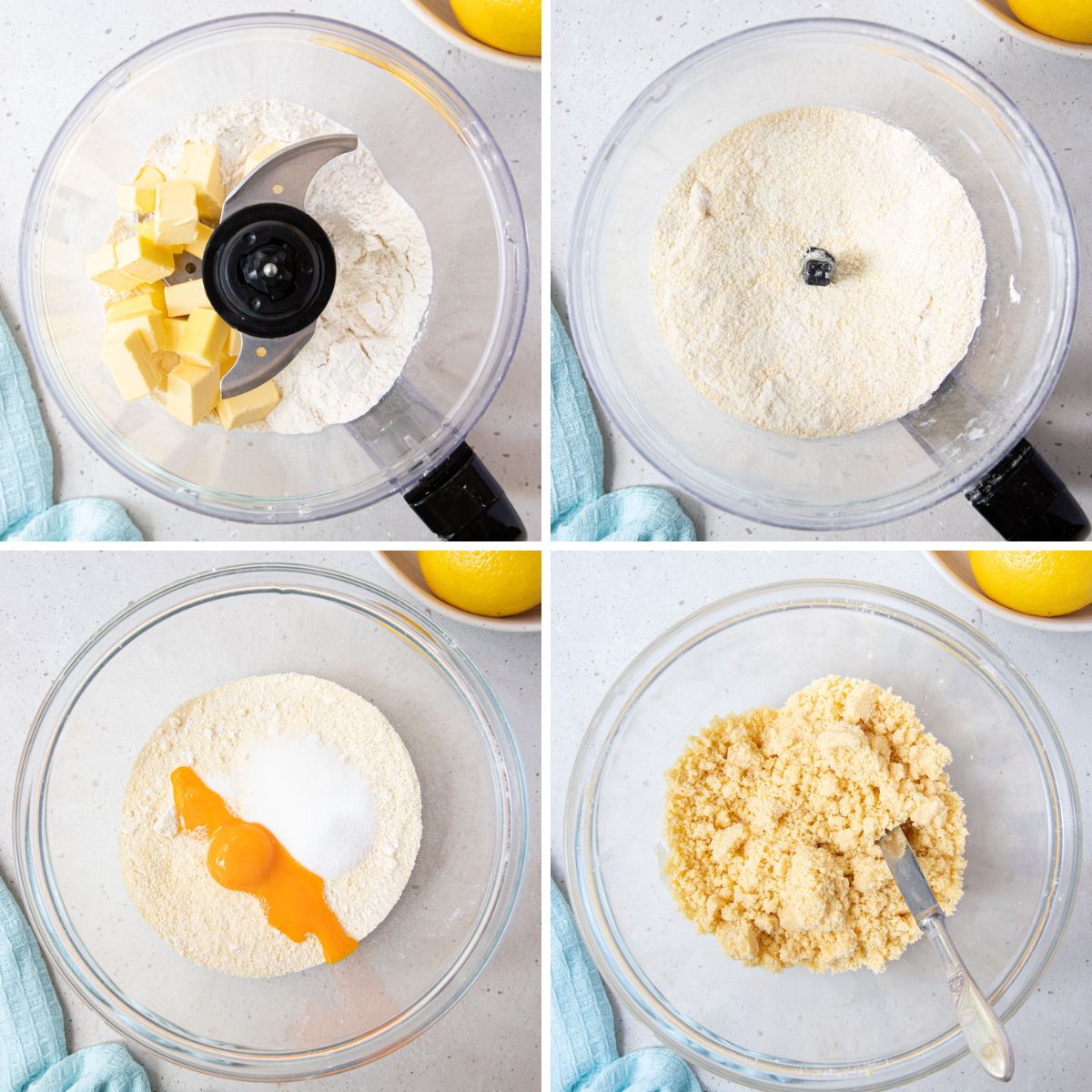 shortcrust pastry dough being made in a food processor and a mixing bowl.