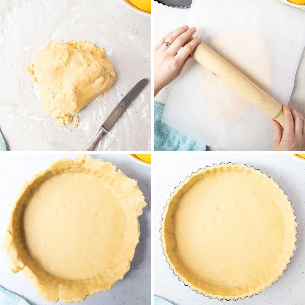 pastry dough being rolled and added to a tart tin.