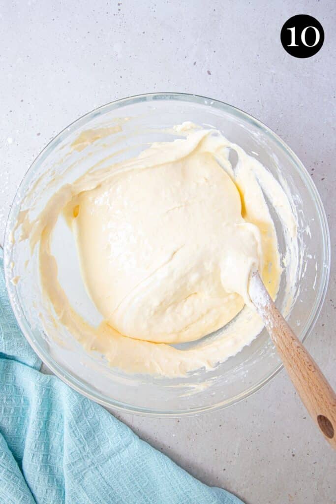 sponge cake batter in a glass bowl.