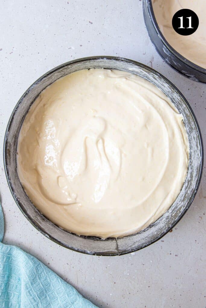 sponge cake batter in baking tins.