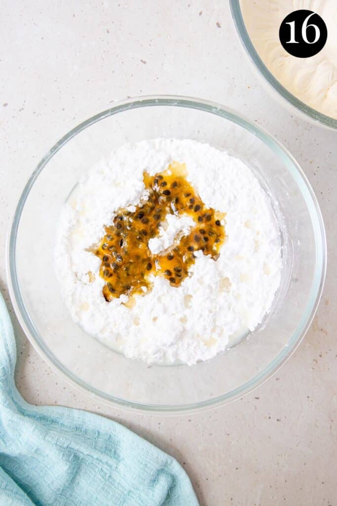 passion fruit and icing sugar in a bowl.