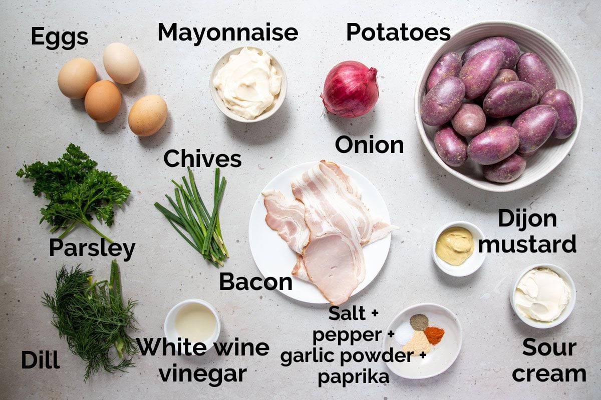 all ingredients for potato salad, laid out on a table.