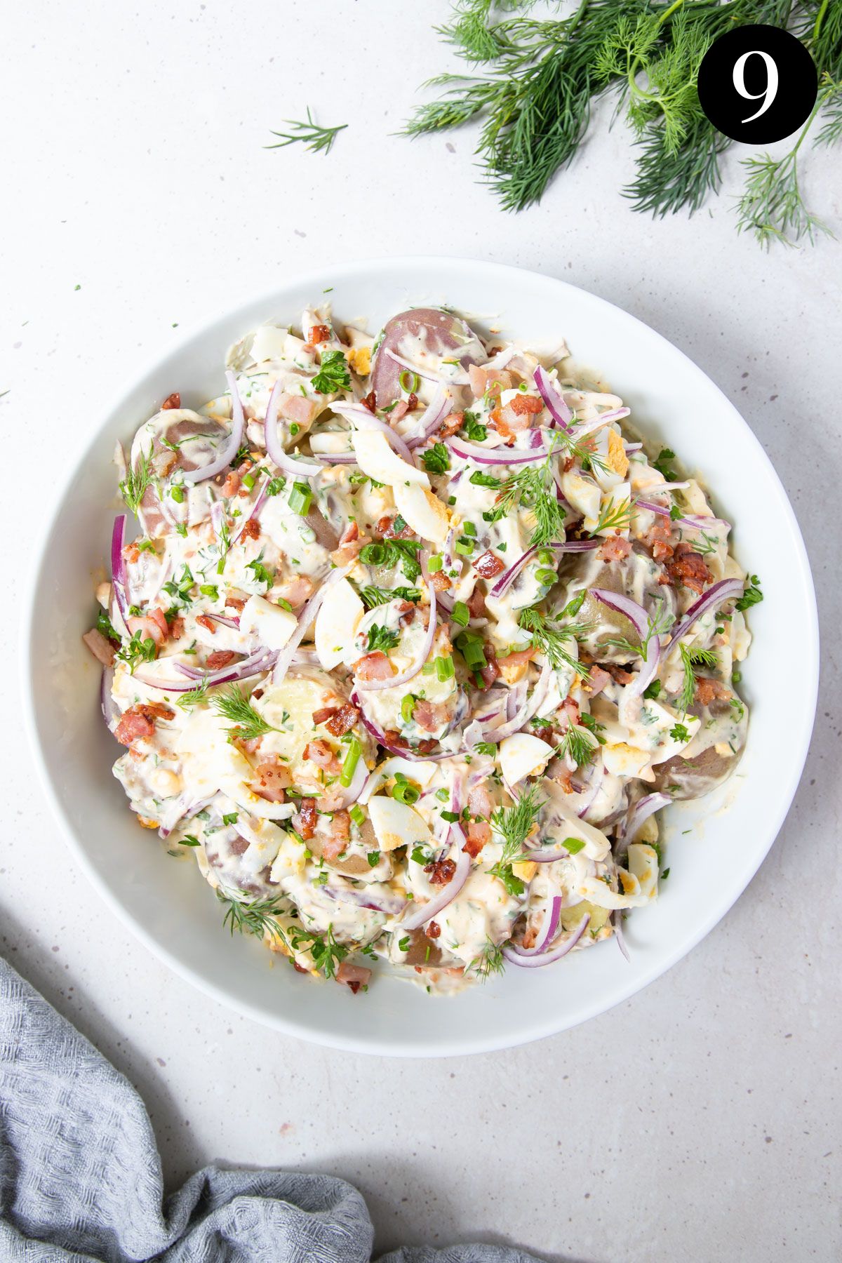 finished potato salad in a bowl.