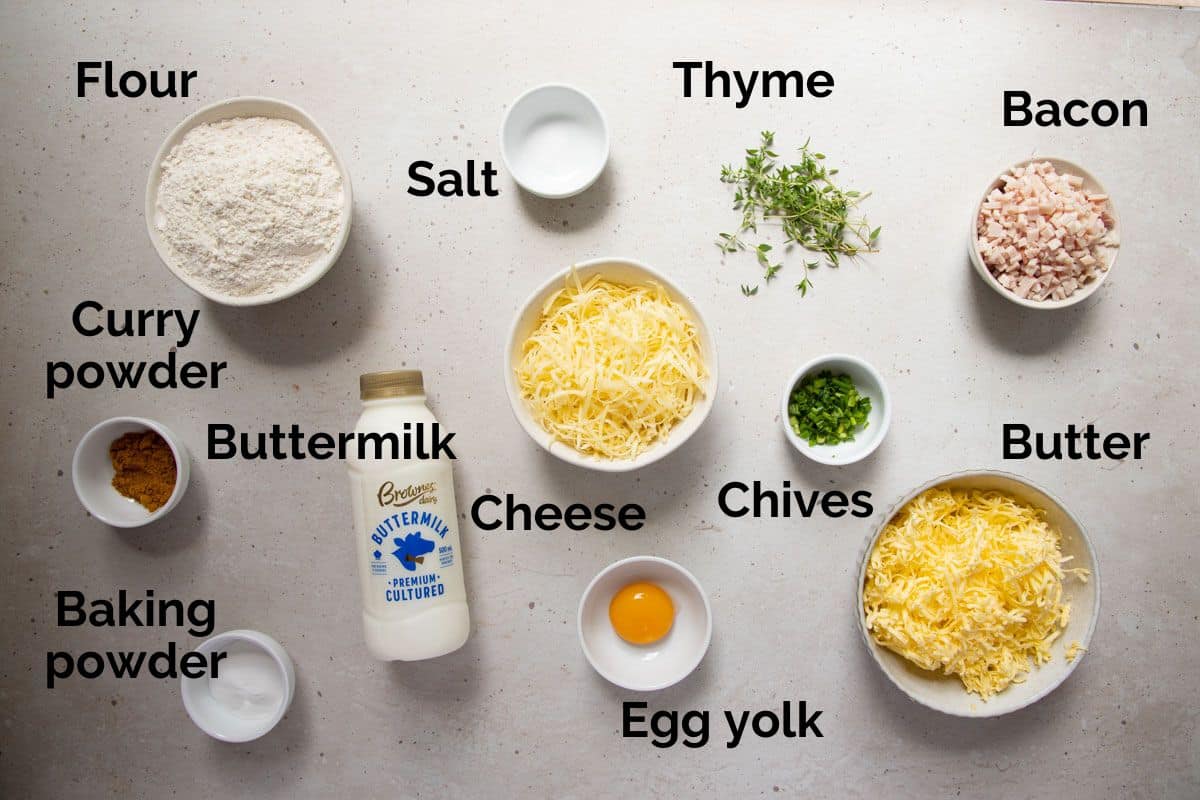 all ingredients for savoury scones, laid out on a table.