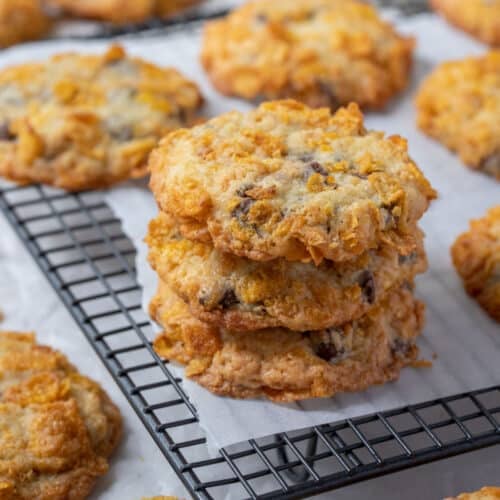 corn flake cookies on a wire rack.