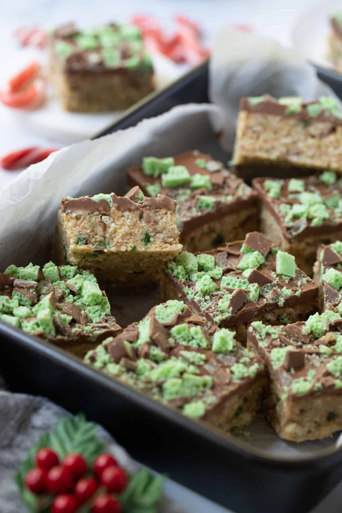 a tray with pieces of peppermint slice on a table.