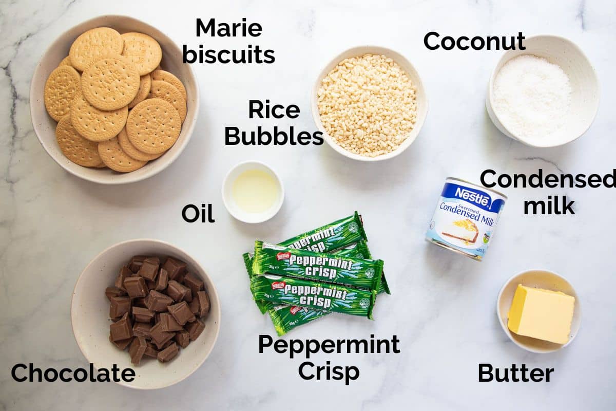 all ingredients for peppermint slice, laid out on a table.