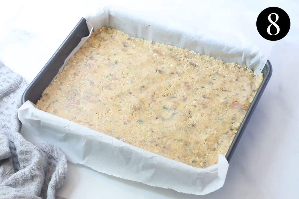 peppermint slice pressed into a tin lined with baking paper.