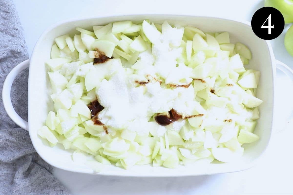 apple filling ingredients in a baking dish.