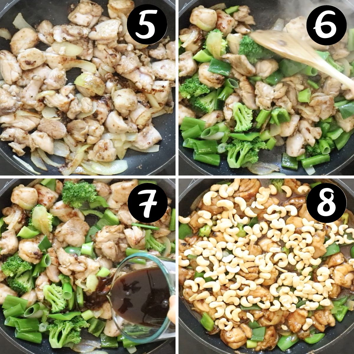 chicken stir fry being assembled in a frying pan.