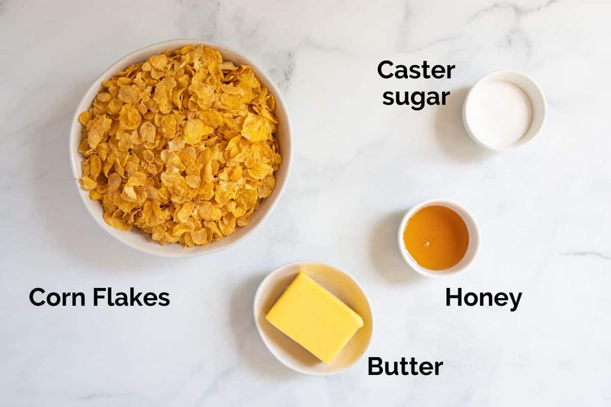 all ingredients for honey joys, laid out on a table. 