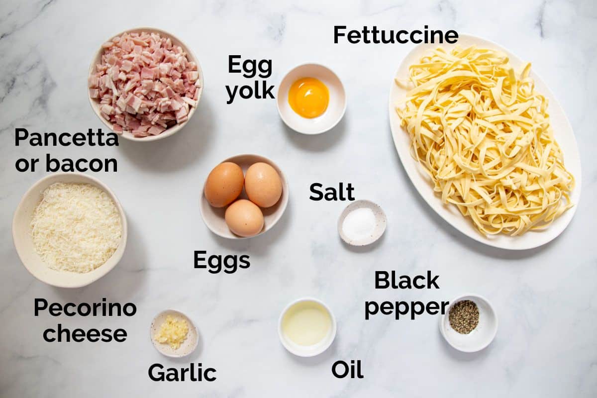 all ingredients for fettucine carbonara, laid out on a table.