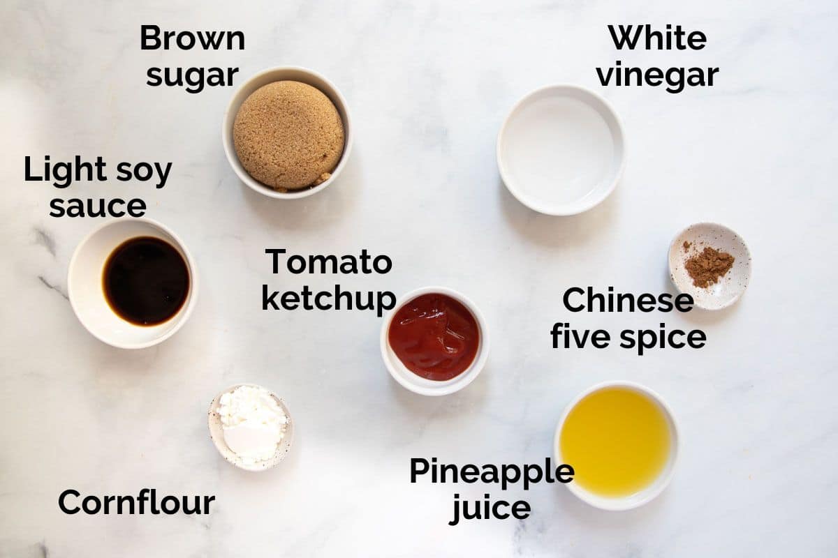 ingredients for sweet and sour sauce, laid out on a table.
