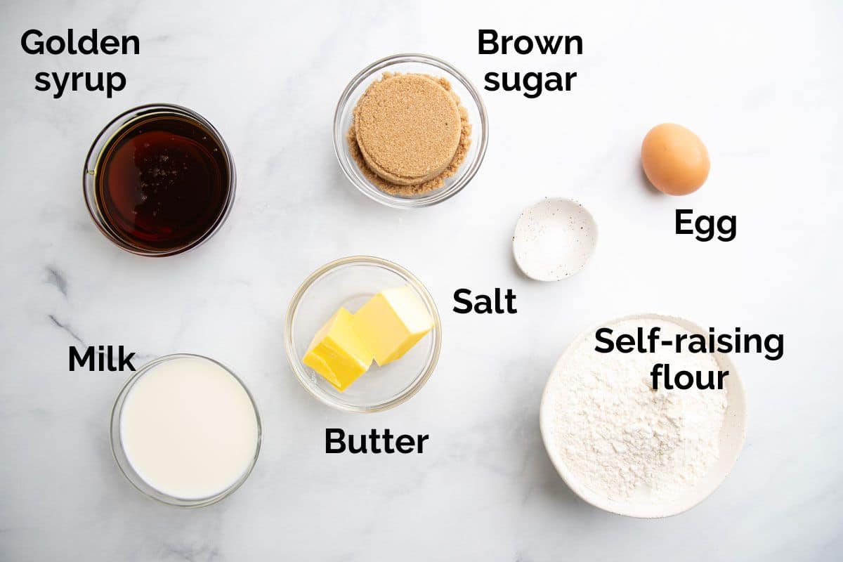 all ingredients for golden syrup dumplings, laid out on a table.