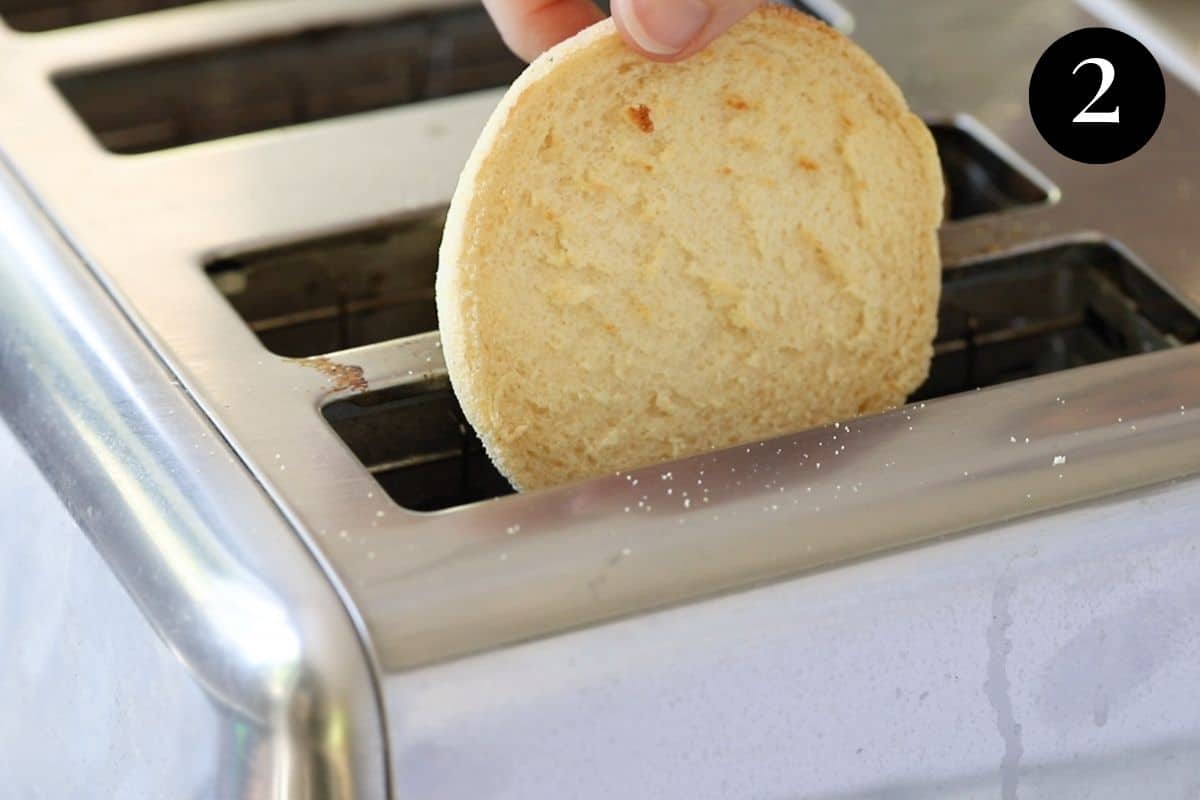 toasted English muffin in a toaster.