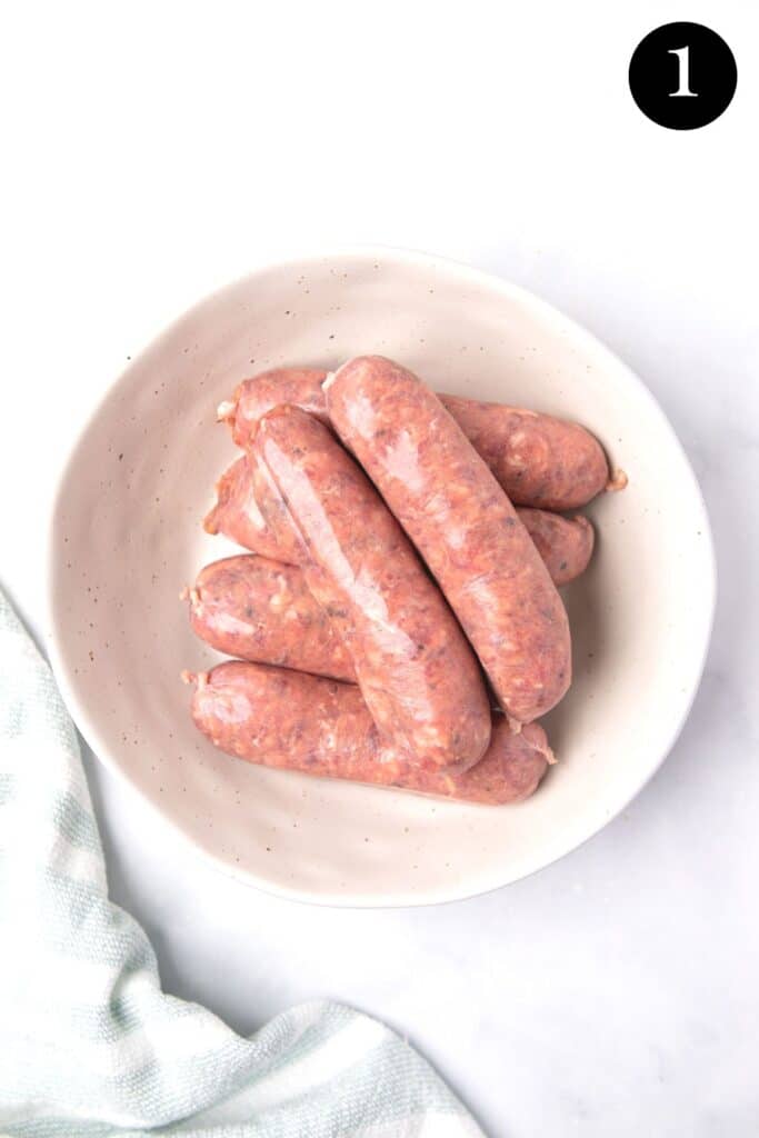 whole sausages in a bowl.