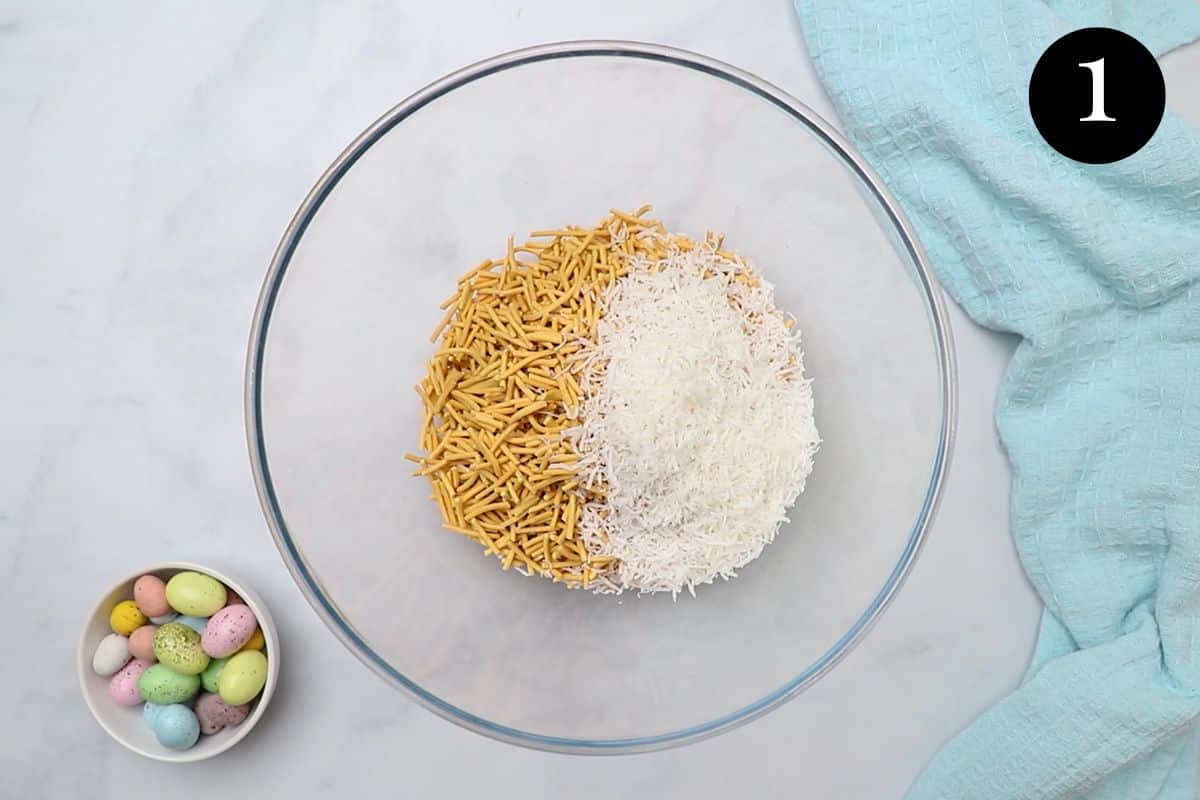 fried noodles and coconut in a bowl.