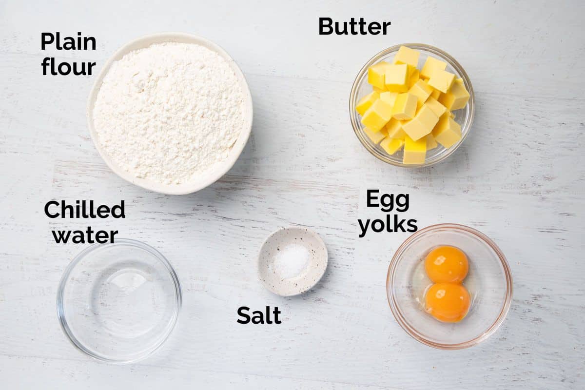 all ingredients for shortcrust pastry, laid out on a table.