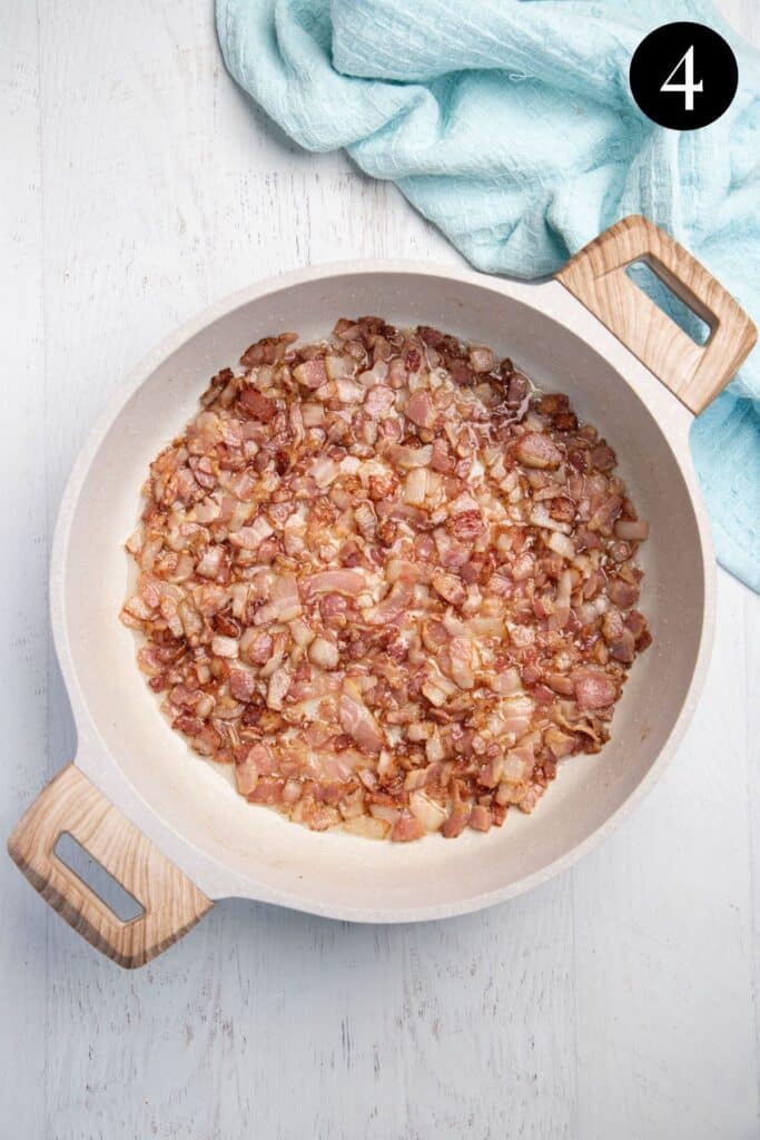 fried bacon pieces in a pan.