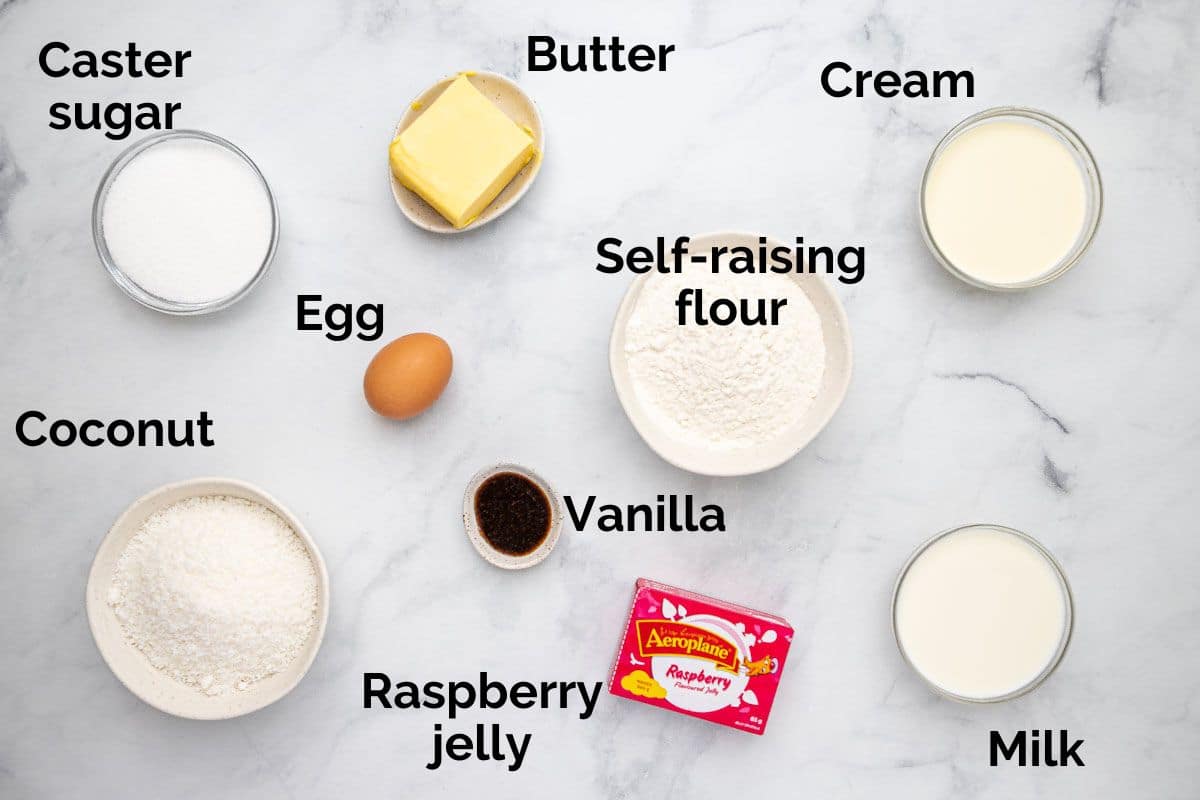 all ingredients for raspberry jelly cakes, laid out on a table.