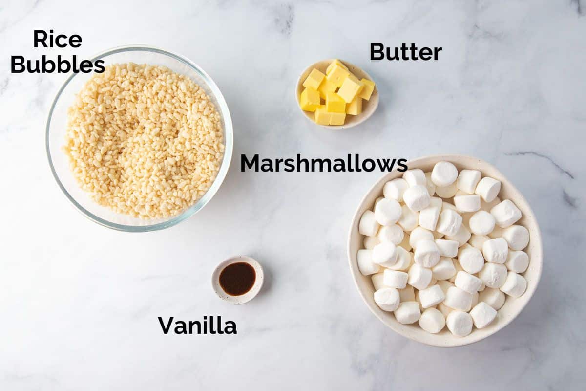 all ingredients for Rice Bubble slice, laid out on a table.