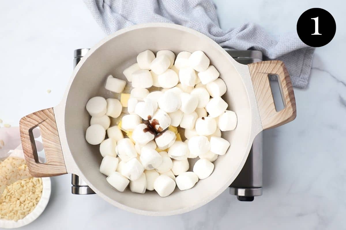 white marshmallows and butter in a pan.