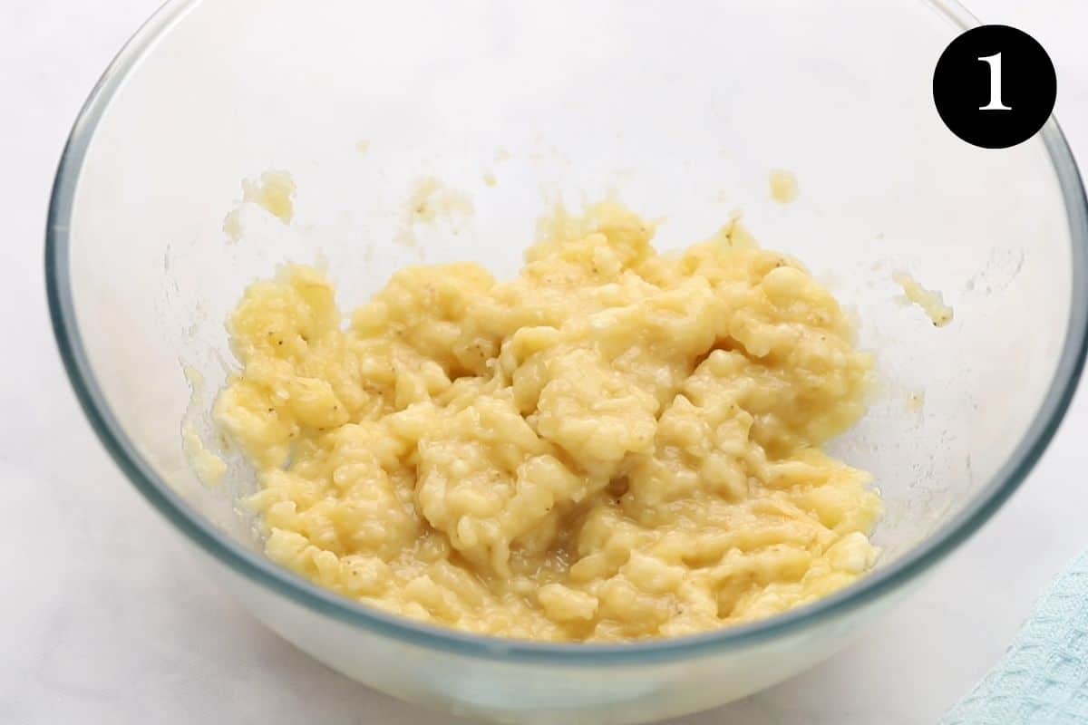 mashed bananas in a bowl.