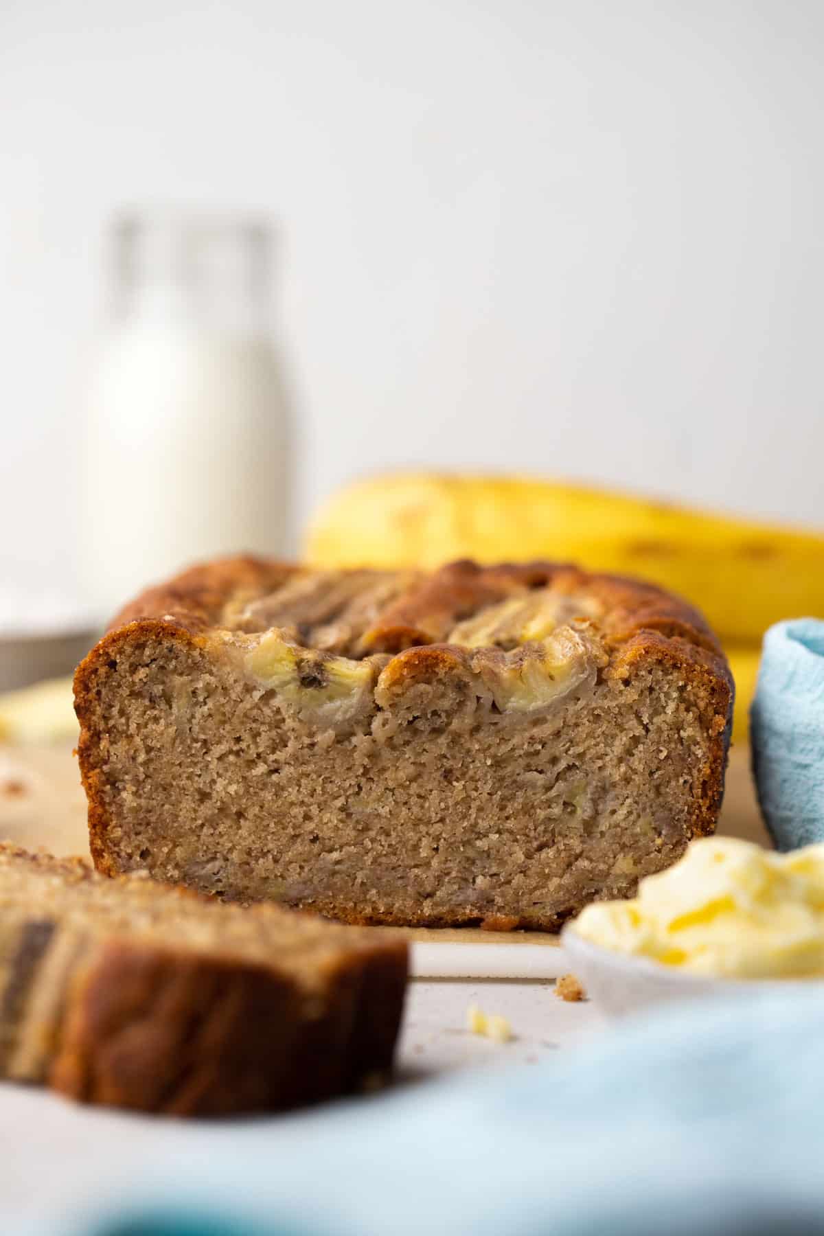 a loaf of banana bread on a bench.