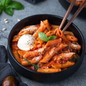 a bowl of tomato penne pasta topped with basil and cheese.