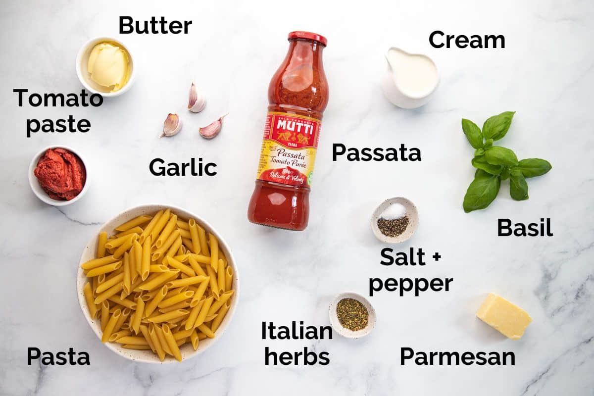 all ingredients for creamy tomato pasta, laid out on a table.