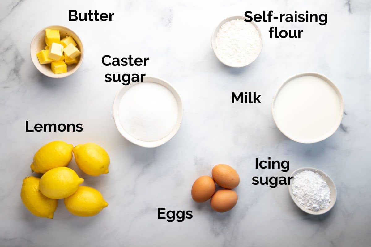 all ingredients for lemon delicious pudding, laid out on a table.