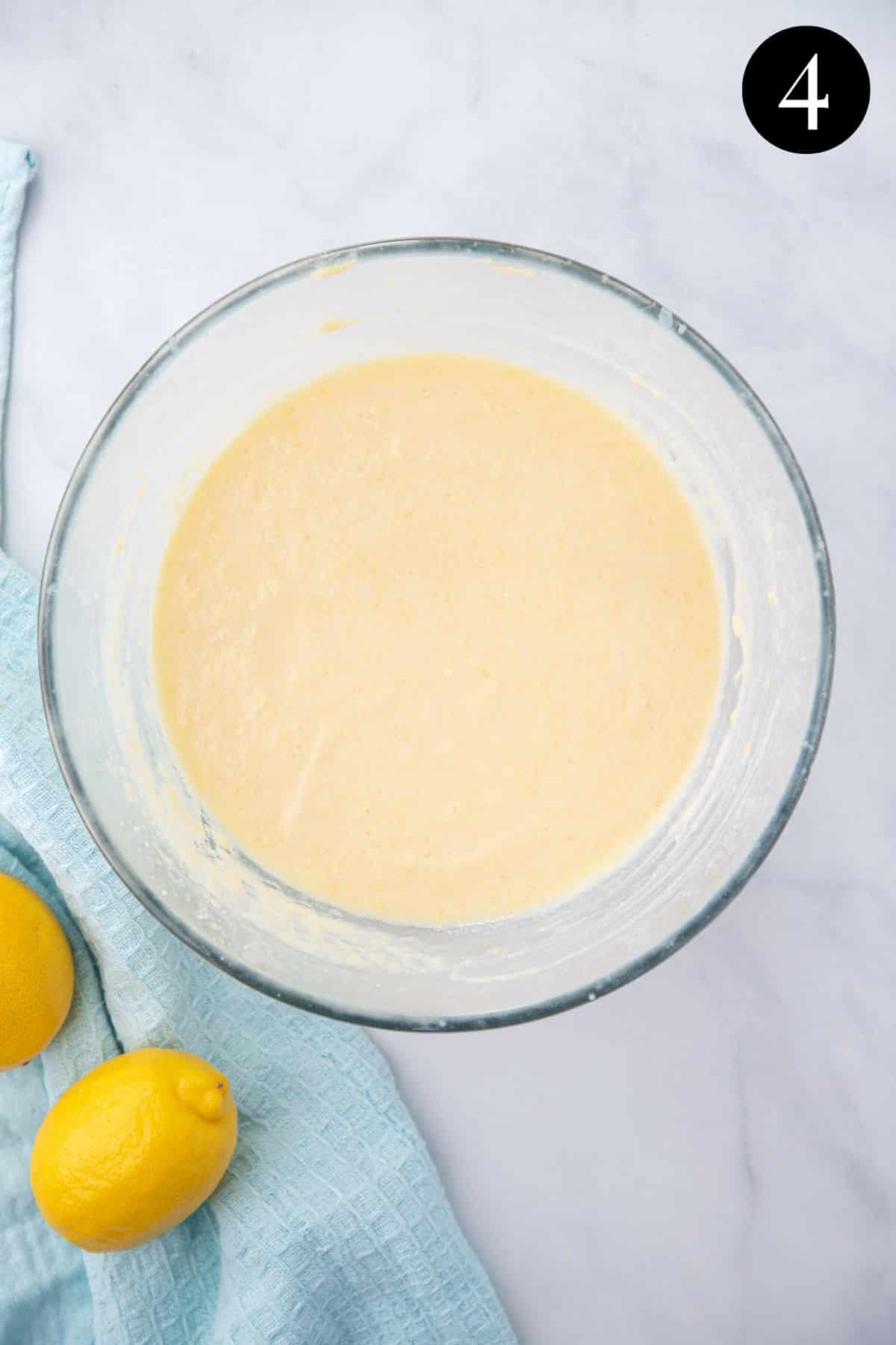 lemon batter mixture in a glass bowl.