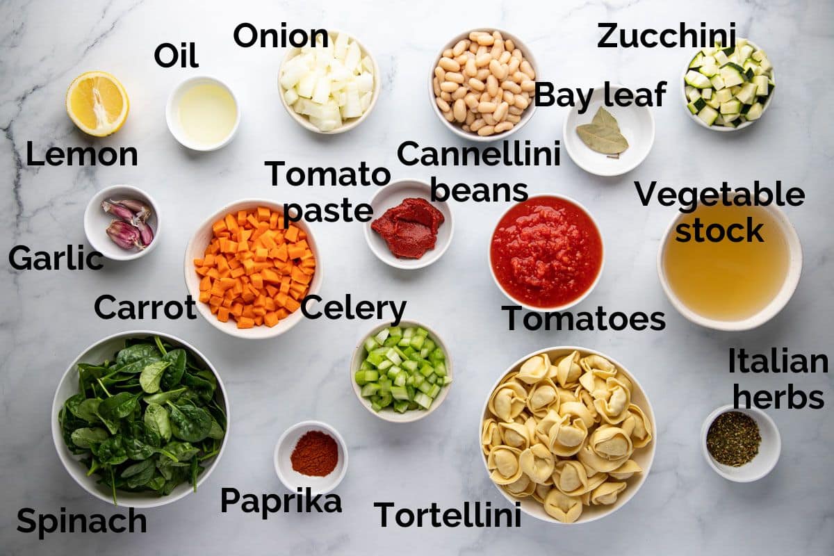 all ingredients for tortellini soup, laid out on a table.