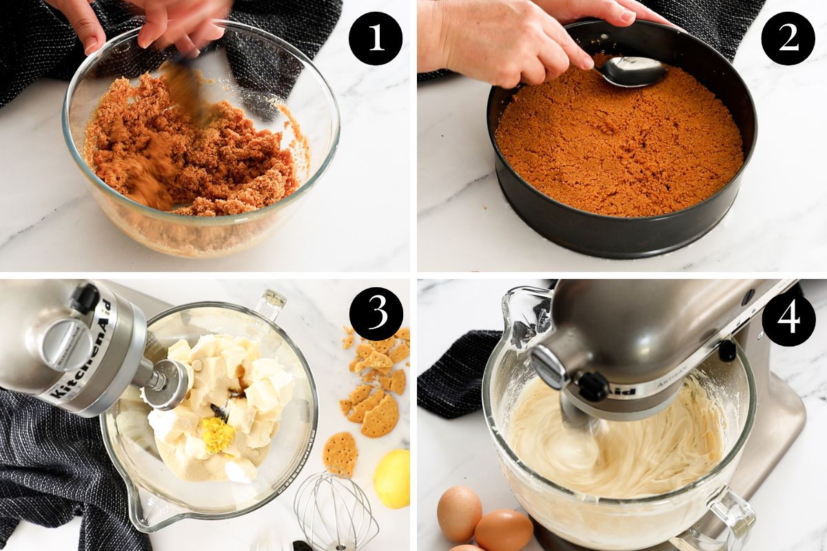 steps 1-4 showing a biscuit base being pressed into a tin and the cheesecake filling in a mixer.