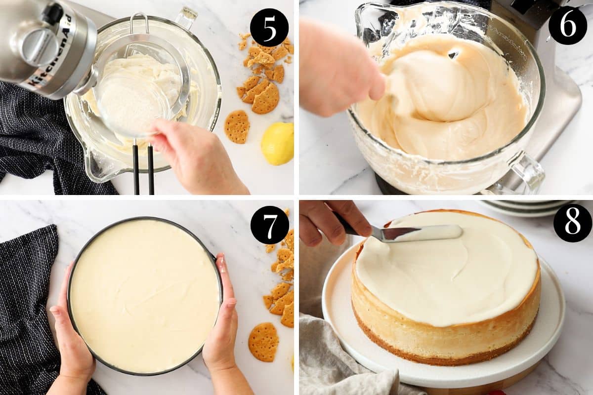 steps 5-8 showing cheesecake filling being folded and added into a tin.
